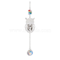 Brass Hollow Hanging Ornaments, Stainless Steel Chain and Glass Round Tassel for Home Garden Outdoor Decorations, Owl, 300x35.5mm(HJEW-JM01929-04)