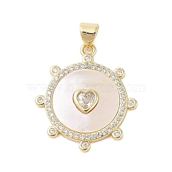 Brass Micro Pave Clear Cubic Zirconia Pendant, with Shell, Sun with Heart, Real 18K Gold Plated, 25x22.5x3mm, Hole: 4x3.5mm(KK-I712-37G)