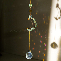 Natural Green Aventurine Chip Moon Pendant Hanging Ornaments, Teardrop Glass Suncatcher with Iron Chain, for Window Home Garden Decoration, 330~350mm(G-PW0007-092B)