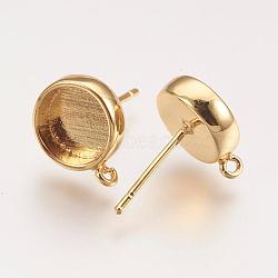 Brass Ear Stud Findings, with Loop, Flat Round, Golden, Tray: 8mm, 15x10mm, Hole: 1mm, Pin: 0.7mm(KK-P146-09G-8mm)