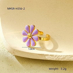 304 Stainless Steel Enamel Stud Rings for Women, Flower, Lilac, Adjustable, Flower: 18x18mm(RJEW-U023-01G-02)