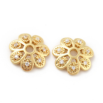 Brass Micro Pave Clear Cubic Zirconia Bead Caps, Cadmium Free & Lead Free, Multi-Petal, Flower, Golden, 10x2.5mm, Hole: 1.6mm