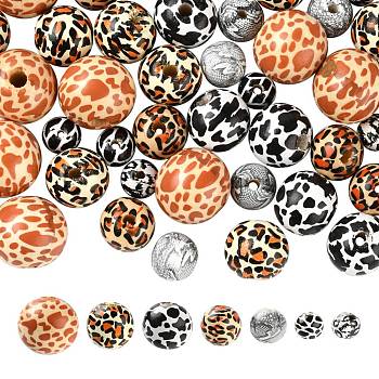 70Pcs 7 Style Printed Natural Wooden Beads, Round, Mixed Color, 12~20x19~18mm, Hole: 3~4mm, 10pcs/style