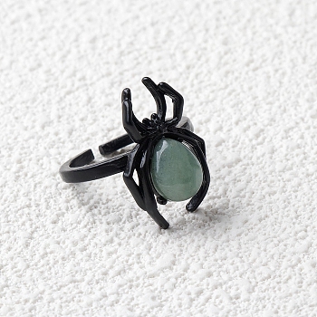 Natural Green Aventurine Spider Open Cuff Rings, Gunmetal Tone Metal Finger Rings for Unisex, Inner Diameter: Adjustable