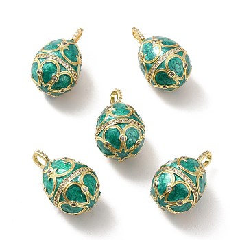 Rack Plating Brass Micro Pave Cubic Zirconia Enamel Pendants, Real 18K Gold Plated, Cadmium Free & Lead Free & Nickle Free, Egg, Teal, 27x15~16.5mm, Hole: 3.5~2mm