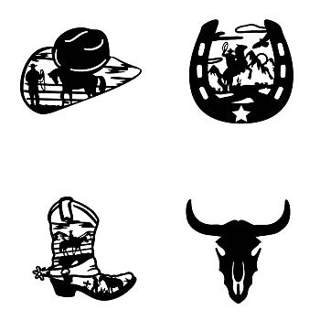 MDF Wood Wall Art Decorations, Home Hanging Ornaments, Cowboy Theme, Mixed Shapes, Black, 300~350x250~300mm, 4 style, 1pc/style, 4pcs/set