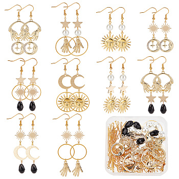 DIY Sun Moon Star Earring Making Kit, Including Brass Link Connectors and Brass & Alloy Pendants & Link Connectors, Glass Pearl Beads, Brass Earring Hooks, Golden, 150Pcs/box
