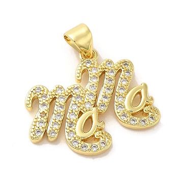 Brass Micro Pave Clear Cubic Zirconia Pendants, Words, Real 16K Gold Plated, 19x22x2mm, Hole: 5x4mm