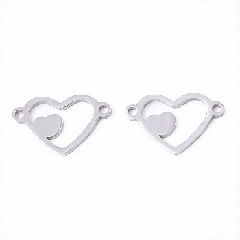 201 Stainless Steel Links connectors, Laser Cut, Heart, Stainless Steel Color, 9.5x15x1mm, Hole: 1.2mm