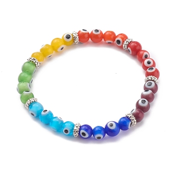 Regenbogen runder böser Blick Bunte Malerei Stretch-Perlenarmbänder für Kinder, mit Alu-Abstandshalterkugeln, Antik Silber Farbe, Farbig, Innendurchmesser: 1-7/8 Zoll (4.9 cm)