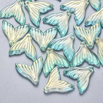 Transparent Spray Painted Glass Pendants, with Glitter Powder, Fishtail Shape, Turquoise, 19x19.5x3.5mm, Hole: 1.2mm
