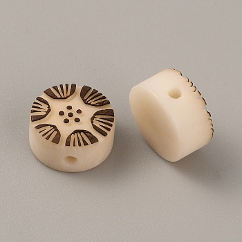 Ivory Nut Beads, Flat Round with Engraved Flower, PapayaWhip, 12x6mm, Hole: 1.8mm