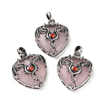 Natural Rose Quartz Pendants, Heart Charms, with Rack Plating Antique Silver Tone Hyacinth Rhinestone Dragon Wing Findings, 36.5~37.5x32~32.5x9.5~10.5mm, Hole: 8.5x5.5mm