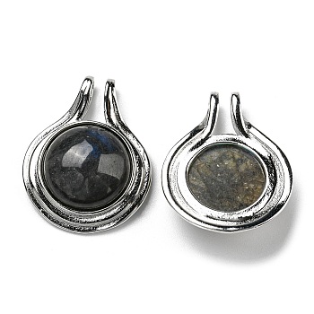 Natural Labradorite Pendants, with Brass Findings, Cadmium Free & Lead Free, Flat round, Platinum, 28~28.5x22x7.5mm, Hole: 4X2.5mm