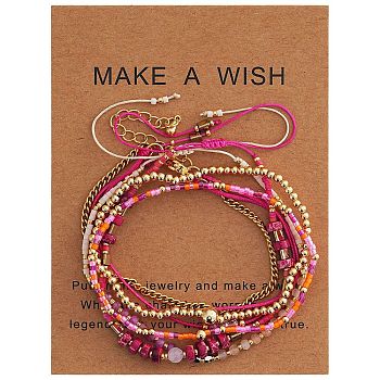 5Pcs Adjustable Nylon Round Gemstone Bead Braided Bracelet Sets, 304 Stainless Steel Stretch Bracelets, Mixed Color, Inner Diameter: 6.50 inch(16.5cm)