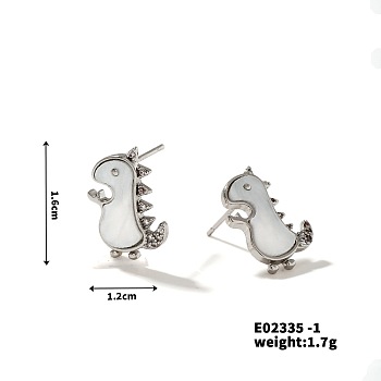 Cute Dinosaur Stud Earrings with Rhinestones, French Style, Versatile, Platinum, 16x12mm