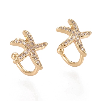 Brass Micro Pave Clear Cubic Zirconia Cuff Earrings, Sea Star/Starfish, Real 18K Gold Plated, 9x1~2mm
