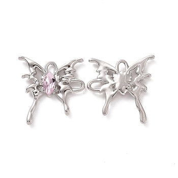 Rack Plating Alloy Connector Charms, Butterfly Links with Glass, Platinum, Cadmium Free & Lead Free & Nickle Free, Pearl Pink, 29x28x4.5mm, Hole: 3.5x2.5mm