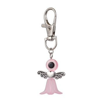 Acrylic & Resin Evil Eye Angel Pendant Decorations, with Zinc Alloy Swivel Lobster Claw Clasps, Pink, 70mm