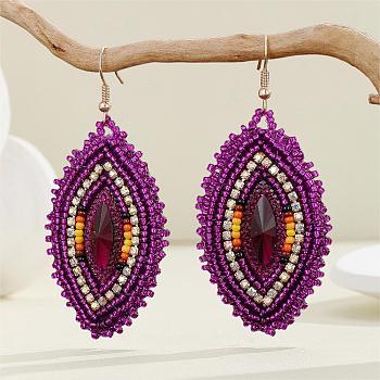 Bohemian Style Glass Bead Handmade Horse Eye Dangle Earrings for Women, Light Gold, Purple, 70x30mm