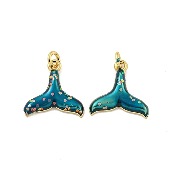 Rack Plated Brass Enamel Charms, with Jump Ring, Lead Free & Cadmium Free, Long-Lasting Plated, Fish Tail Charm, Real 18K Gold Plated, Teal, 13x13x2.5mm, Hole: 2mm