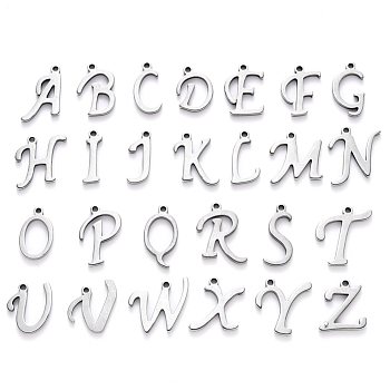 201 Stainless Steel Charms, Alphabet, Laser Cut, Stainless Steel Color, Letter A~Z, 10~14.5x4~14x1mm, Hole: 1mm, 26pcs/set.