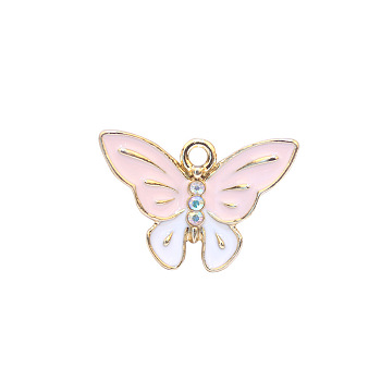 Zinc Alloy Enamel Butterfly Jewelry Pendant, with Crystal AB Resin Rhinestone, Light Gold, Pink, 5/8x1 inch(15x24mm), Hole: 3mm