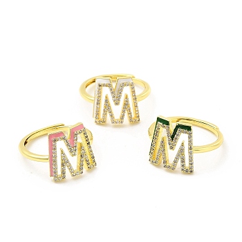 Mixed Color Enamel Initial Letter Adjustable Ring with Clear Cubic Zirconia, Real 18K Gold Plated Brass Jewelry for Women, Cadmium Free & Lead Free, Letter.M, US Size 5 1/4(16mm), Letter.M: 14x13mm