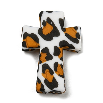 Cross with Leopard Print Silicone Focal Beads, Chewing Beads For Teethers, DIY Nursing Necklaces Making, Orange, 35x25x8mm, Hole: 2mm