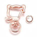 Alloy Swivel Keychain Clasp Findings, with Iron Jump Rings, Cat Head, Rose Gold, 35x22x6.5mm, Jump Ring: 8x1.2mm(KEYC-WH0016-37RG)