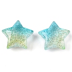 Gradient Color Transparrent Acrylic Eoropean Beads, with Glitter Powder, Large Hole Beads, Star, Turquoise, 28.5x27x11.8mm, Hole: 4mm(OACR-P024-03-03)