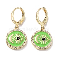 Real 18K Gold Plated Brass Dangle Leverback Earrings, with Enamel and Cubic Zirconia, Evil Eye & Moon, Lawn Green, 29x14mm(EJEW-L269-002G-03)