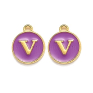 Golden Plated Alloy Enamel Charms, Enamelled Sequins, Flat Round with Alphabet, Letter.V, Purple, 14x12x2mm, Hole: 1.5mm(ENAM-Q437-12V)