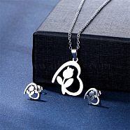 304 Stainless Steel Pendant Necklace & Stud Earring, Stainless Steel Color, Rose Heart, 450mm(FS-WGC30A7-04)