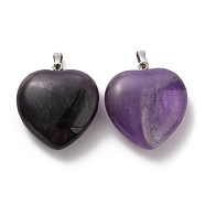 Natural Amethyst Pendants, Heart Charms, with Rack Plating Platinum Tone Brass Snap on Bails, 32~33x30~31x12~13mm, Hole: 5x8mm(G-B042-02P-05)