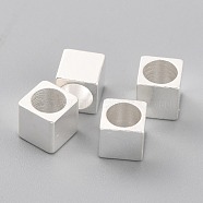 Brass Spacer Beads, Long-Lasting Plated, Cube with Round Hole, 925 Sterling Silver Plated, 5x5x5mm, Hole: 4mm(KK-O133-209E-S)