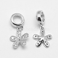 Flower Brass Micro Pave Grade AAA Cubic Zirconia European Dangle Charms, Cadmium Free & Nickel Free & Lead Free, Real Platinum Plated, 20mm, Hole: 4.5mm(ZIRC-O022-43P-NR)