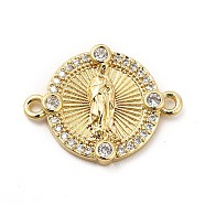 Rack Plating Brass Pave Clear Cubic Zirconia Connector Charms, Lead Free & Cadmium Free, Long-Lasting Plated, Religion Flat Round Links with Virgin Mary, Real 18K Gold Plated, 16x21x3mm, Hole: 1.2~1.4mm(KK-F847-01G)