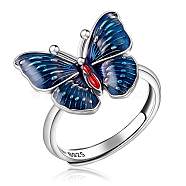 Rhodium Plated 925 Sterling Silver Butterfly Adjustable Ring with Enamel, Exquisite Jewelry Gifts for Women, Blue, US Size 6(16.5mm)(JR929A)