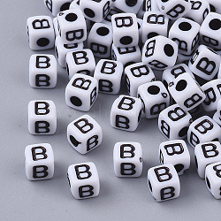 White Opaque Acrylic Beads, Horizontal Hole, Cube with Black Alphabet, Letter.B, 4~5x4~5x4~5mm, Hole: 1.8mm, about 255~260pcs/20g(X-MACR-R869-02B)