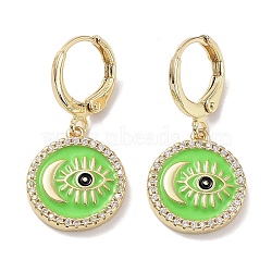 Real 18K Gold Plated Brass Dangle Leverback Earrings, with Enamel and Cubic Zirconia, Evil Eye & Moon, Lawn Green, 29x14mm(EJEW-L269-002G-03)