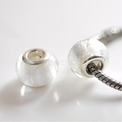 Handmade Silver Foil Glass European Beads, with Silver Color Plated Brass Cores, Rondelle, White, 14x10mm, Hole: 5mm(LPDL-R008-08)