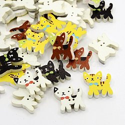 Cat Printed Wooden Buttons, 2-Hole, Dyed, Mixed Color, 24.5x22x5mm, Hole: 1mm(X-BUTT-N001-30)