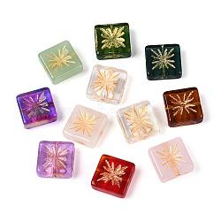 Baking Paint Transparent Glass Beads, Square, Golden Metal Enlaced, Mixed Color, 10.5x10.5x4mm, Hole: 1~1.2mm(X-DGLA-N018-13)