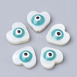 Natural Freshwater Shell Beads, Heart with Evil Eye, Cadet Blue, 9.5x10x3.5mm, Hole: 1mm(X-SHEL-Q017-07C)