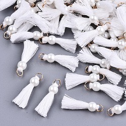 Polycotton(Polyester Cotton) Tassel Pendant Decorations, Mini Tassel, with Golden Tone Iron Findings and ABS Plastic Imitation Pearl, White, 23mm, Jump ring: 5x0.8mm, 3.4mm inner diameter(FIND-T052-13Q)