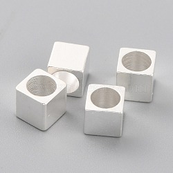 Brass Spacer Beads, Long-Lasting Plated, Cube with Round Hole, 925 Sterling Silver Plated, 5x5x5mm, Hole: 4mm(KK-O133-209E-S)