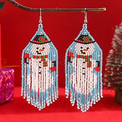 Tassel Dangle Earrings, with Snowman Design for Christmas, Glass Beads Handmade Jewelry, Platinum, Blue, 110x36mm(PG8831)