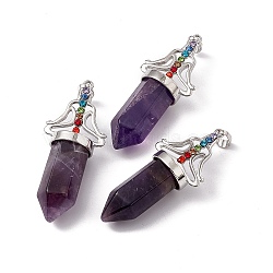 Natural Amethyst Big Pointed Pendants, 7 Chakra Faceted Bullet Charms, with Platinum Plated Brass Findings and Colorful Rhinestone, Cadmium Free & Lead Free, 55x22.5x16mm, Hole: 8x5mm(G-I342-01P-02)