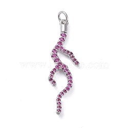 Brass Micro Pave Cubic Zirconia Pendants, Long-Lasting Plated, Branch, Hot Pink, Real Platinum Plated, 34.1x10x2.9mm, Hole: 3.1mm(X-ZIRC-G160-48P)